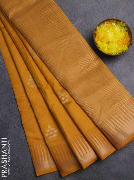 Semi raw silk saree mustard yellow with zari woven buttas and temple design zari woven border
