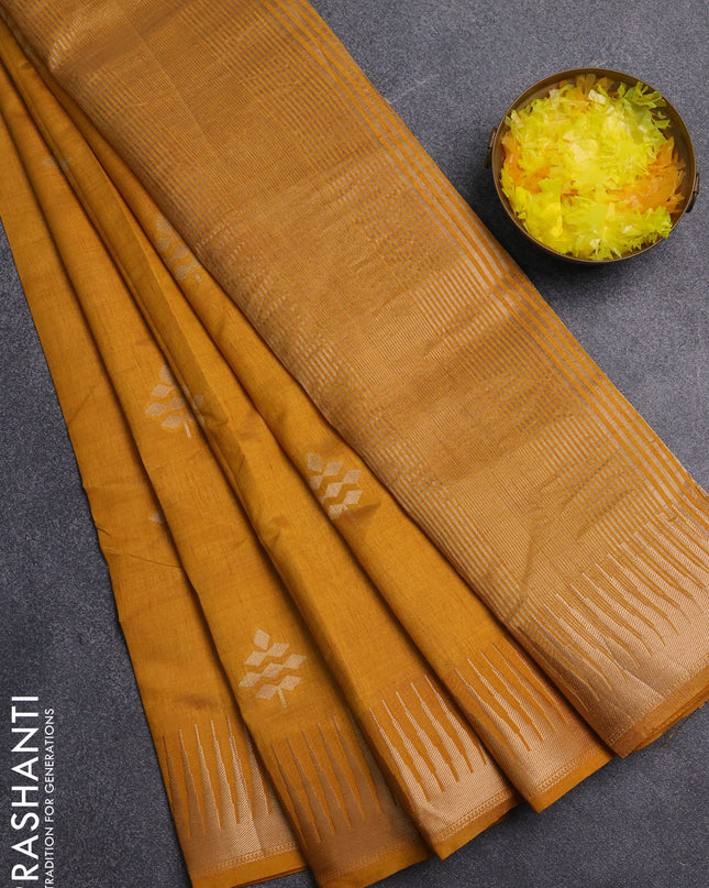Semi raw silk saree mustard yellow with zari woven buttas and temple design zari woven border