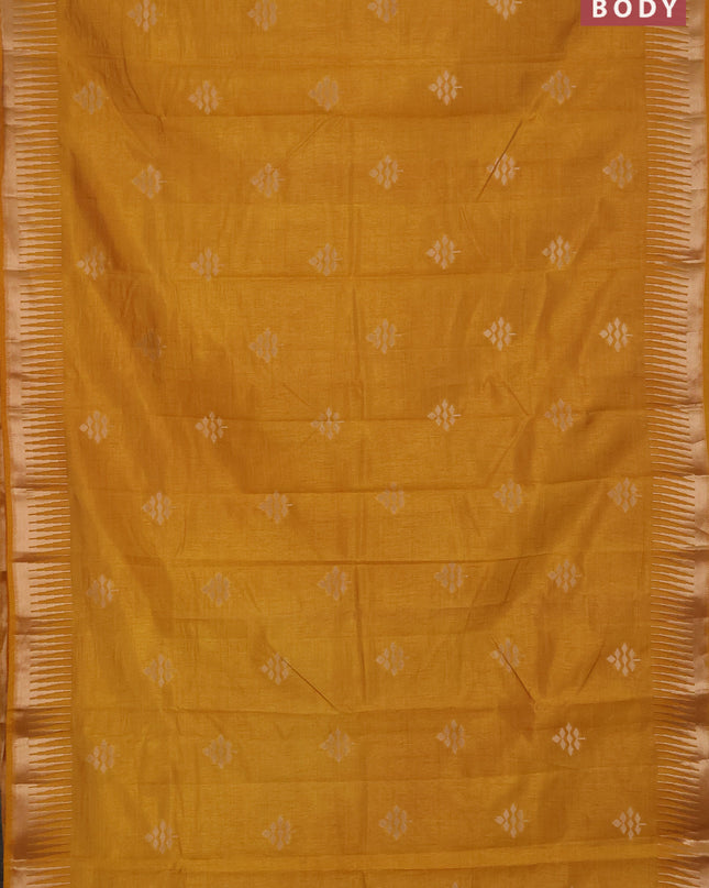 Semi raw silk saree mustard yellow with zari woven buttas and temple design zari woven border