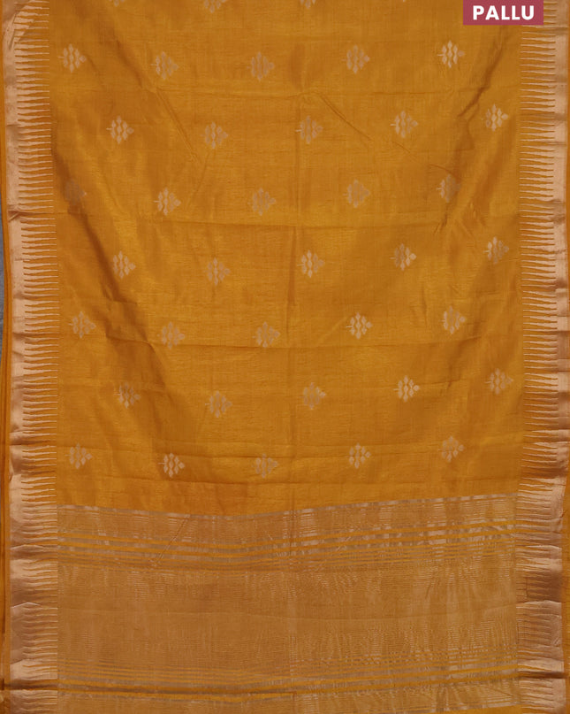 Semi raw silk saree mustard yellow with zari woven buttas and temple design zari woven border