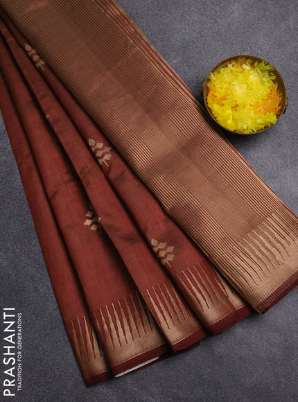 Semi raw silk saree brown with zari woven buttas and temple design zari woven border