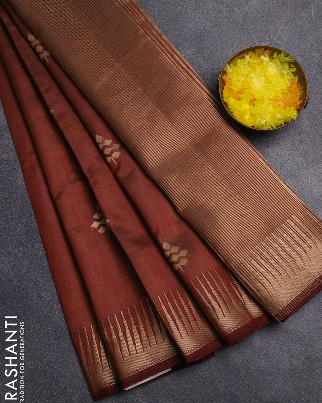Semi raw silk saree brown with zari woven buttas and temple design zari woven border