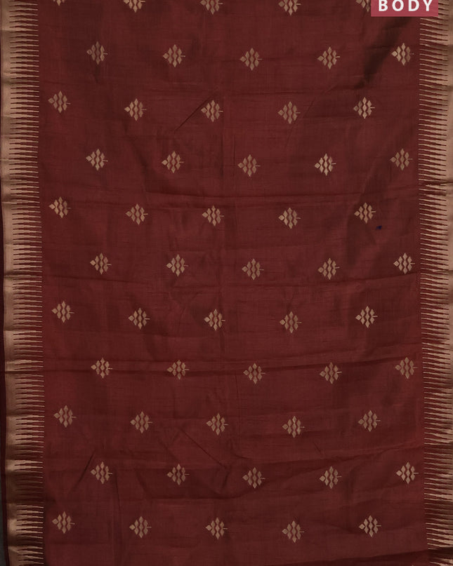 Semi raw silk saree brown with zari woven buttas and temple design zari woven border