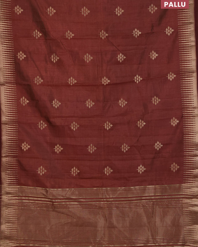 Semi raw silk saree brown with zari woven buttas and temple design zari woven border