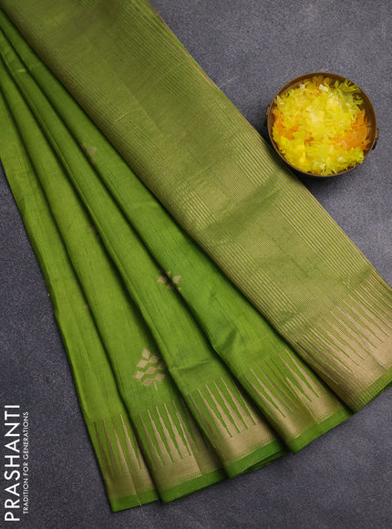 Semi raw silk saree light green with zari woven buttas and temple design zari woven border