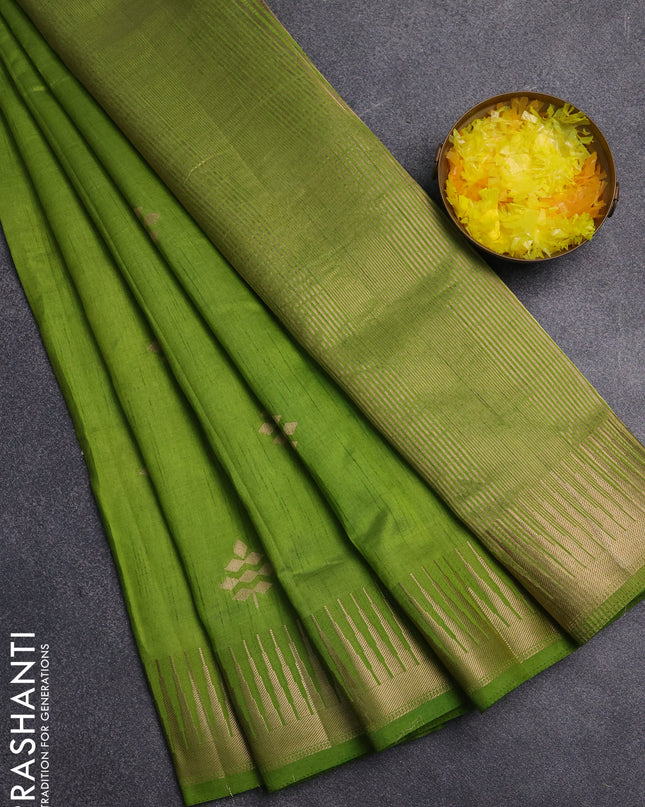 Semi raw silk saree light green with zari woven buttas and temple design zari woven border