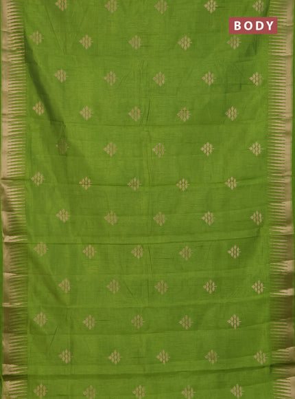 Semi raw silk saree light green with zari woven buttas and temple design zari woven border