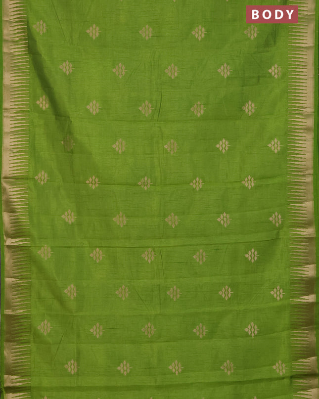 Semi raw silk saree light green with zari woven buttas and temple design zari woven border