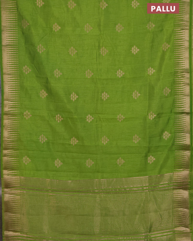 Semi raw silk saree light green with zari woven buttas and temple design zari woven border