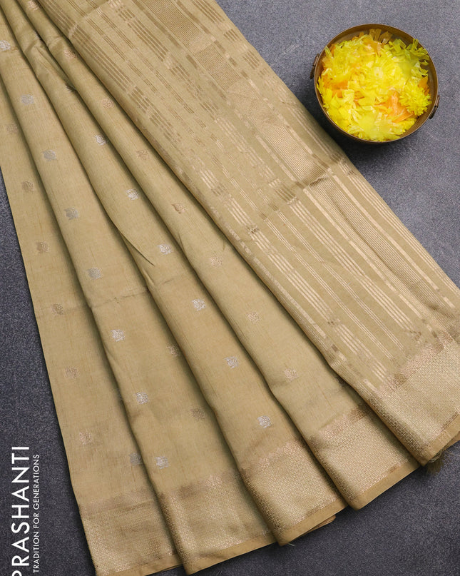 Semi raw silk saree sandal with zari woven buttas and rettapet zari woven border