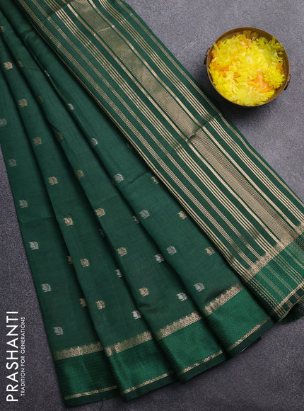 Semi raw silk saree dark green with zari woven buttas and rettapet zari woven border