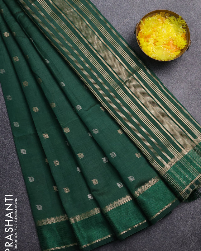Semi raw silk saree dark green with zari woven buttas and rettapet zari woven border
