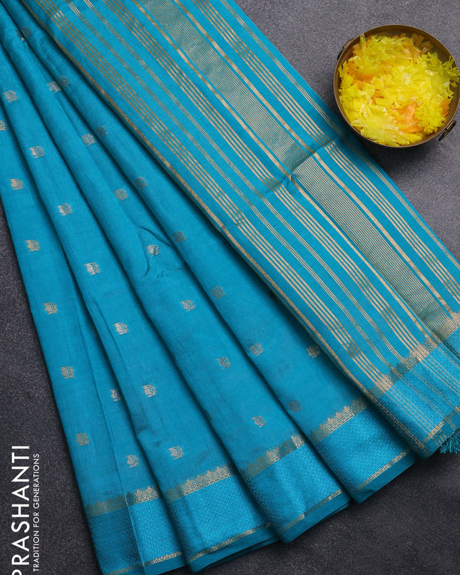 Semi raw silk saree teal blue with zari woven buttas and rettapet zari woven border