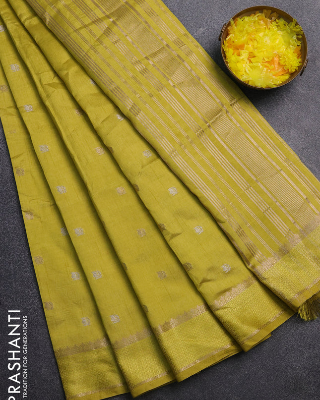 Semi raw silk saree lime yellow with zari woven buttas and rettapet zari woven border