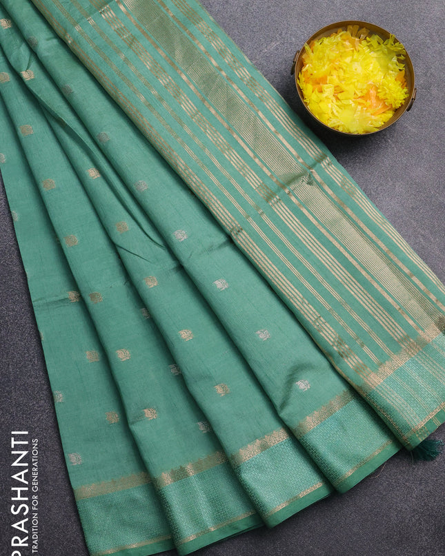 Semi raw silk saree pastel green with zari woven buttas and rettapet zari woven border