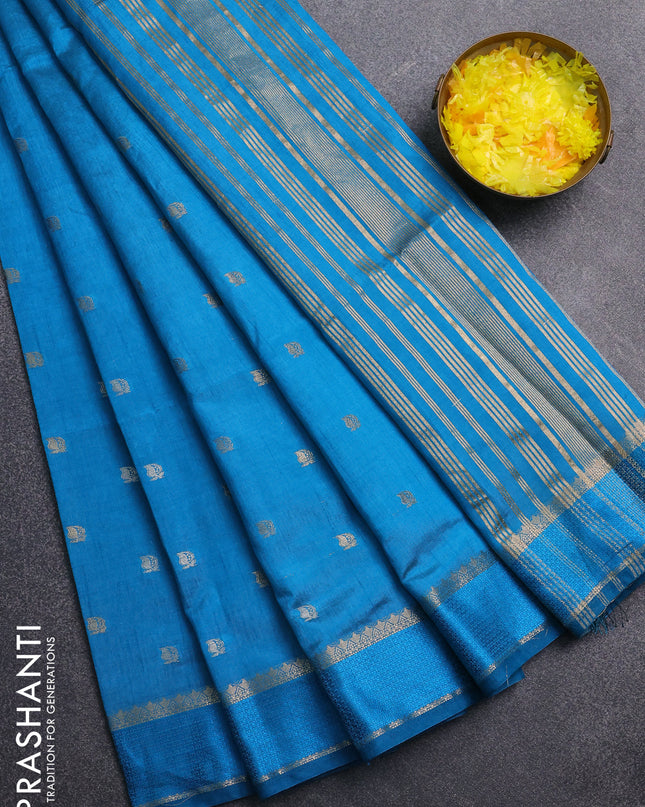 Semi raw silk saree cs blue with zari woven buttas and rettapet zari woven border