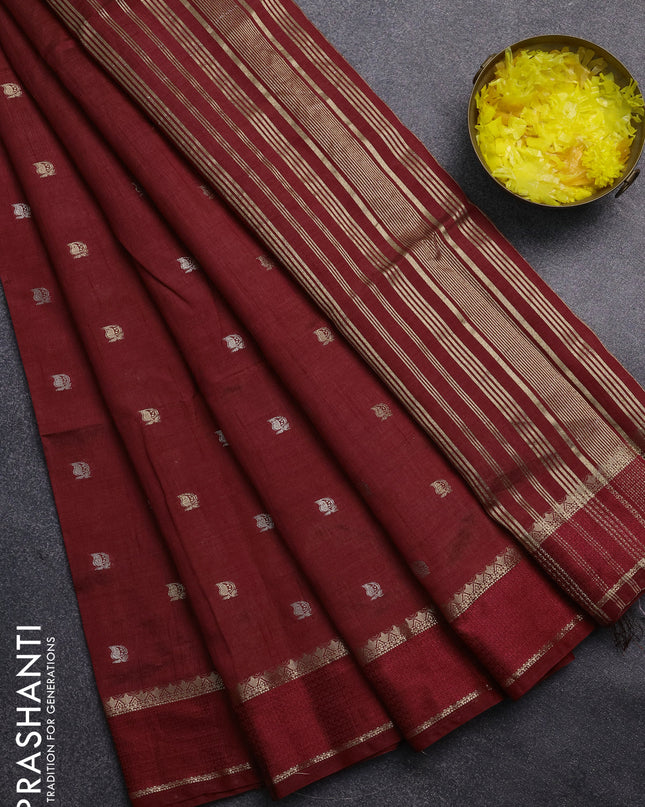 Semi raw silk saree maroon with zari woven buttas and rettapet zari woven border