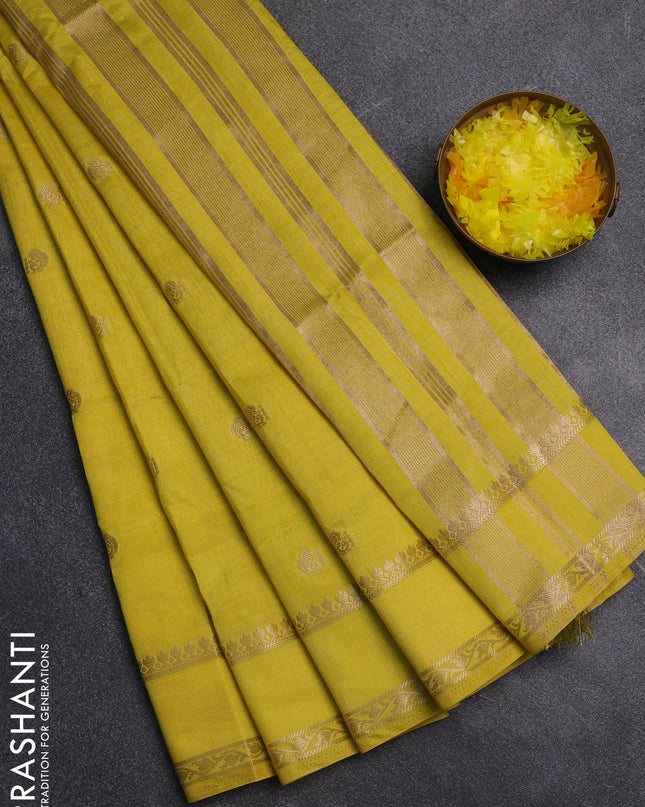 Semi raw silk saree lime yellow with annam zari woven buttas and rettapet zari woven border