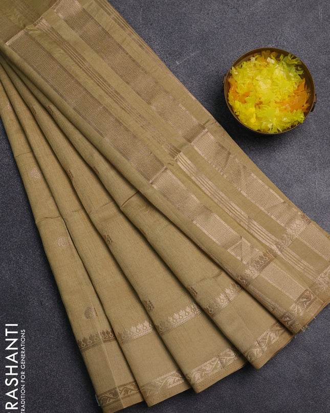 Semi raw silk saree sandal with annam zari woven buttas and rettapet zari woven border