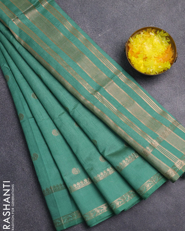 Semi raw silk saree pastel green with annam zari woven buttas and rettapet zari woven border