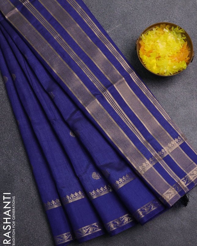 Semi raw silk saree blue with annam zari woven buttas and rettapet zari woven border