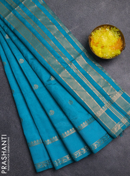 Semi raw silk saree teal blue with annam zari woven buttas and rettapet zari woven border