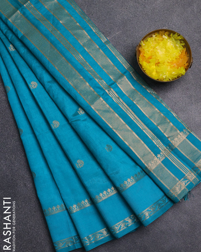 Semi raw silk saree teal blue with annam zari woven buttas and rettapet zari woven border
