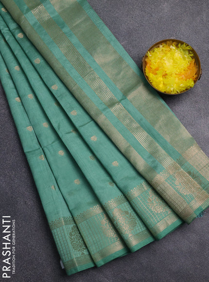 Semi raw silk saree pastel green with zari woven buttas and zari checked butta border
