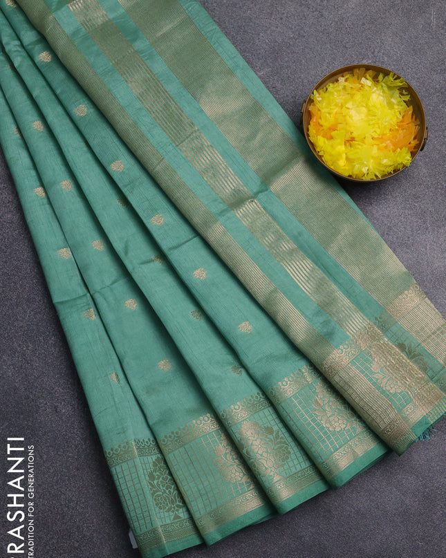 Semi raw silk saree pastel green with zari woven buttas and zari checked butta border