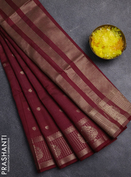 Semi raw silk saree maroon with zari woven buttas and zari checked butta border