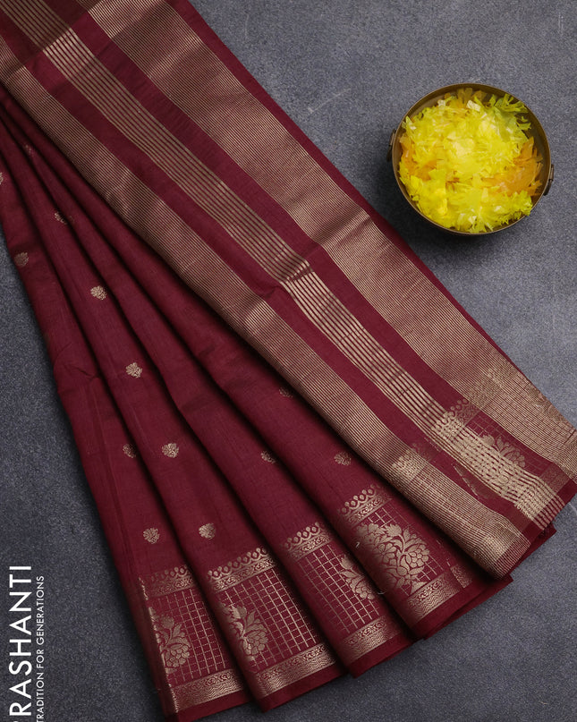 Semi raw silk saree maroon with zari woven buttas and zari checked butta border