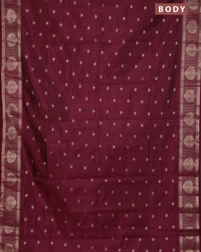 Semi raw silk saree maroon with zari woven buttas and zari checked butta border