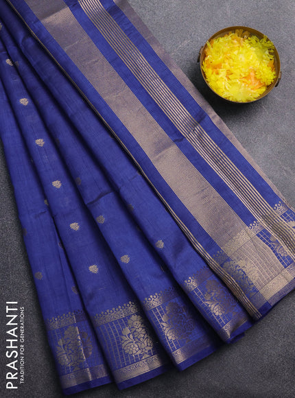 Semi raw silk saree blue with zari woven buttas and zari checked butta border