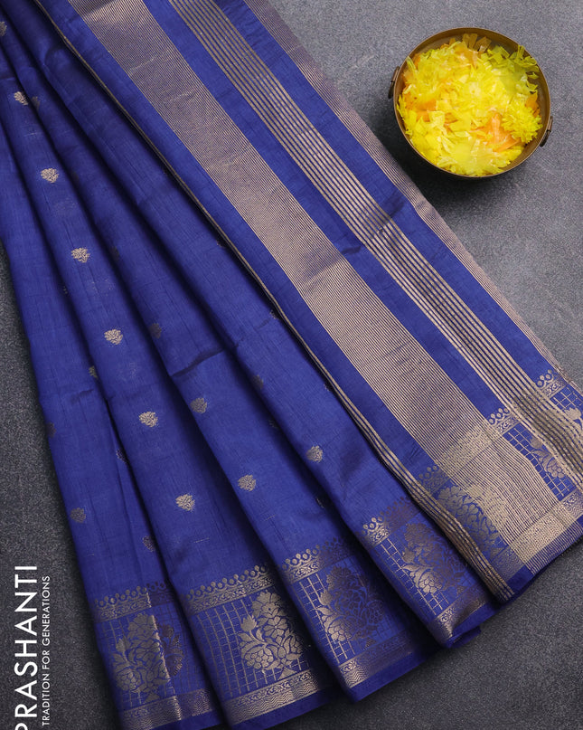Semi raw silk saree blue with zari woven buttas and zari checked butta border