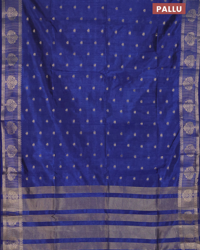 Semi raw silk saree blue with zari woven buttas and zari checked butta border