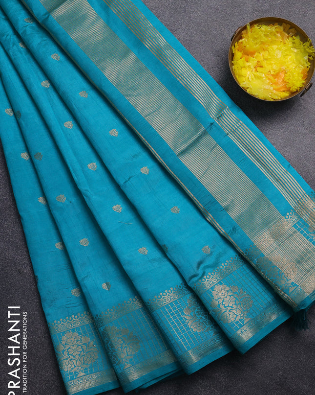 Semi raw silk saree teal blue with zari woven buttas and zari checked butta border