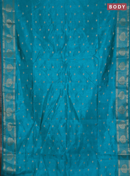 Semi raw silk saree teal blue with zari woven buttas and zari checked butta border