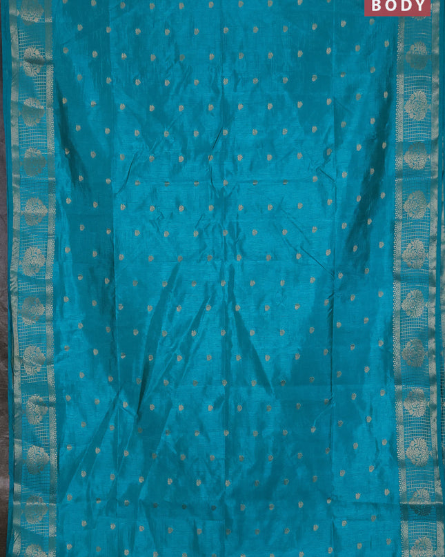 Semi raw silk saree teal blue with zari woven buttas and zari checked butta border