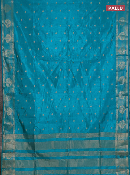 Semi raw silk saree teal blue with zari woven buttas and zari checked butta border