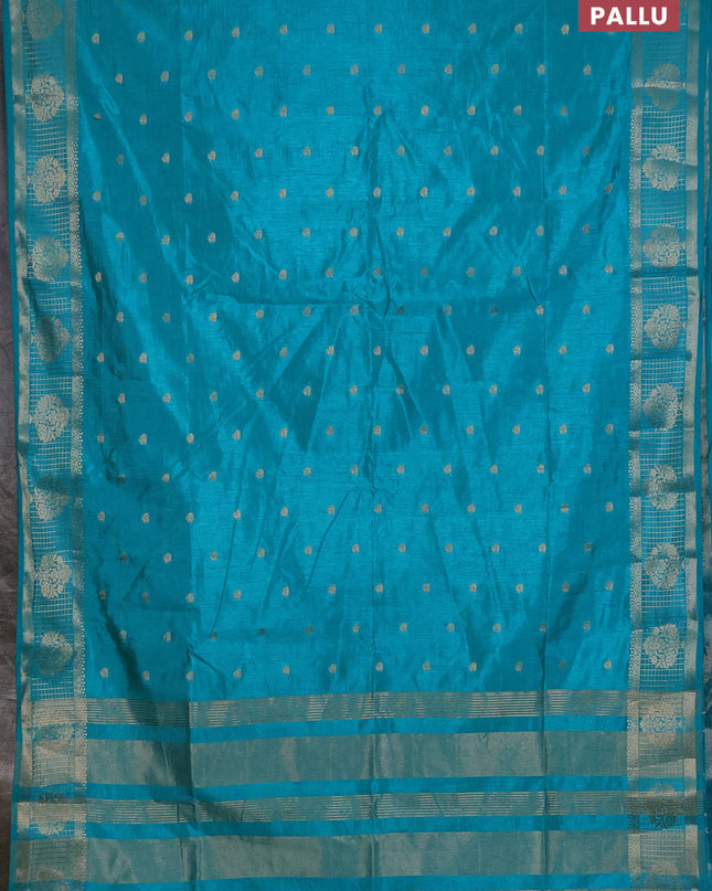 Semi raw silk saree teal blue with zari woven buttas and zari checked butta border