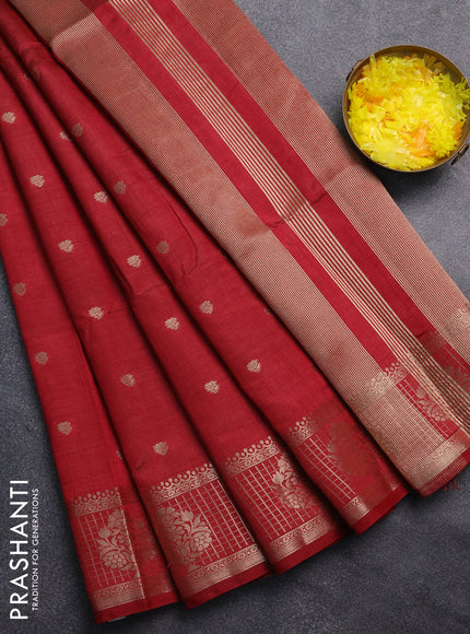 Semi raw silk saree maroon with zari woven buttas and zari checked butta border
