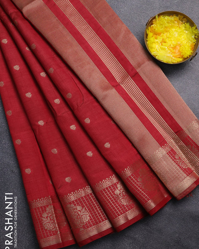 Semi raw silk saree maroon with zari woven buttas and zari checked butta border