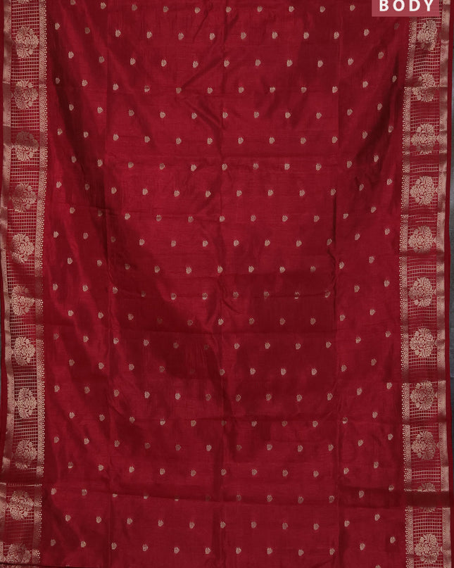 Semi raw silk saree maroon with zari woven buttas and zari checked butta border