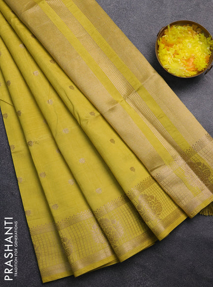 Semi raw silk saree lime yellow with zari woven buttas and zari checked butta border