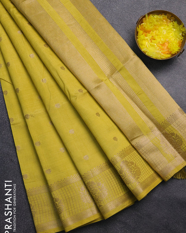 Semi raw silk saree lime yellow with zari woven buttas and zari checked butta border