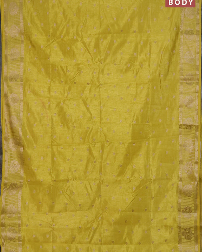Semi raw silk saree lime yellow with zari woven buttas and zari checked butta border