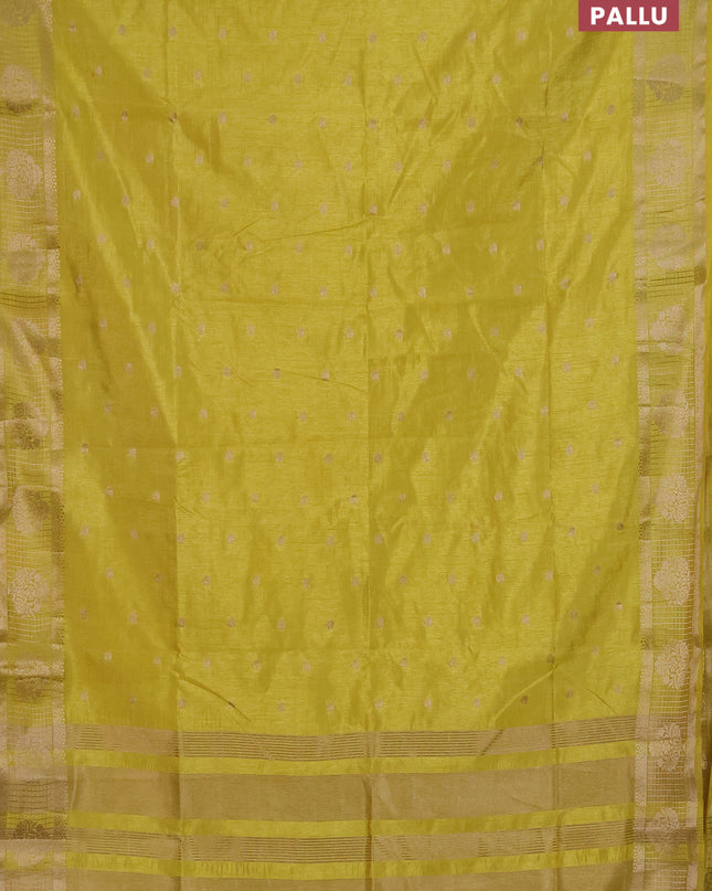 Semi raw silk saree lime yellow with zari woven buttas and zari checked butta border