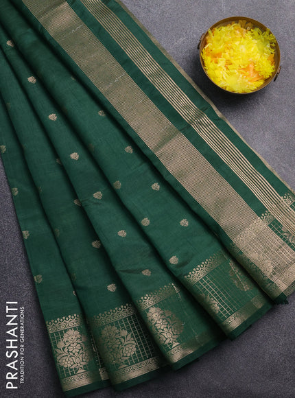 Semi raw silk saree green with zari woven buttas and zari checked butta border