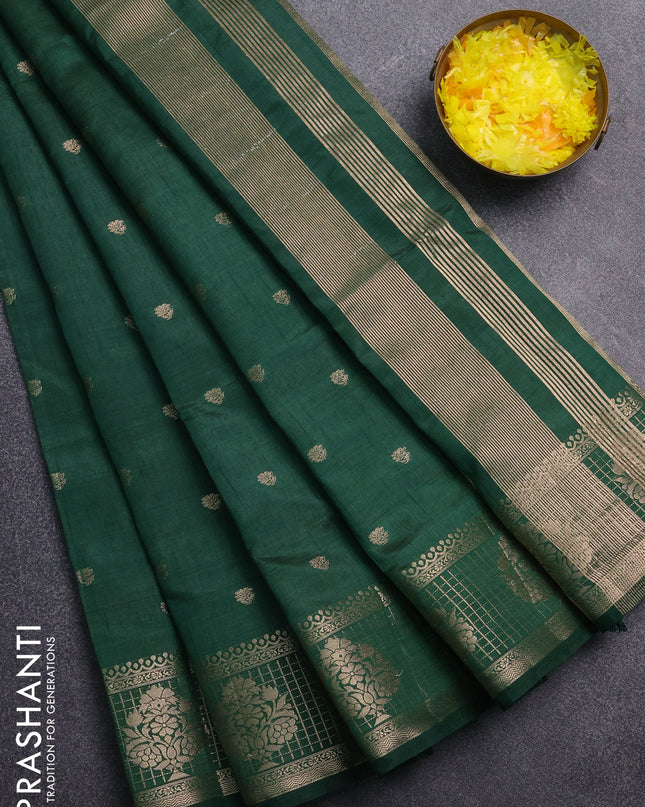 Semi raw silk saree green with zari woven buttas and zari checked butta border