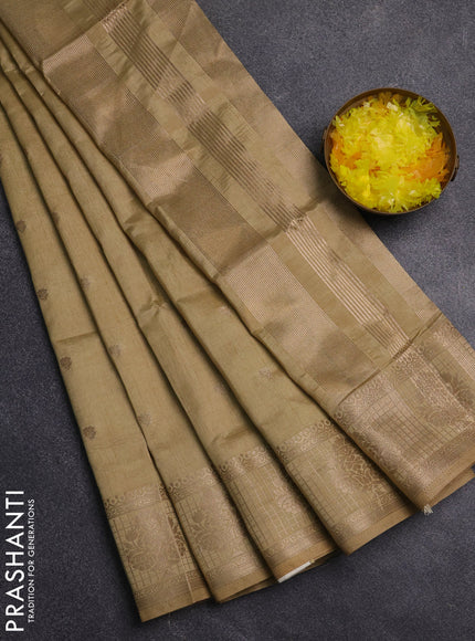 Semi raw silk saree sandal with zari woven buttas and zari checked butta border